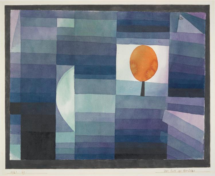 Abstract painting with a checkerboard of blue-purple hues. A central orange circle resembling a sun or tree contrasts with a semicircle.