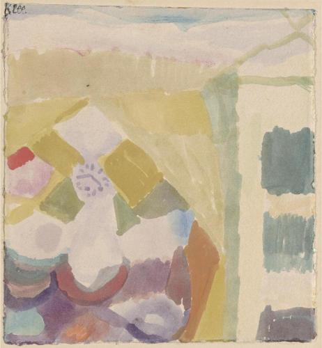 Abstract watercolor painting by Paul Klee featuring soft, overlapping geometric shapes in muted yellows, greens, pinks, and blues, creating a serene, dreamy atmosphere.