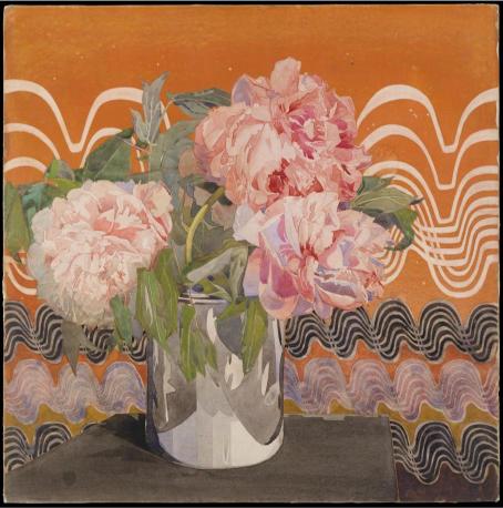 A painting depicting a vase with pink peonies against an abstract orange and black patterned background.