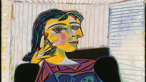 Colorful abstract portrait with a stylized face on a textured background