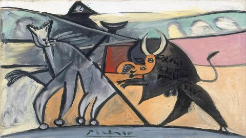Abstract painting of a dog and bull with a car in the background