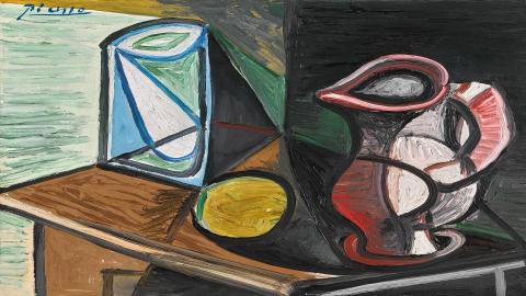 Abstract artwork with geometric shapes and a pitcher on a table.
