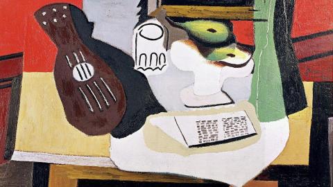 Abstract artwork with a guitar, vase, and book on a table