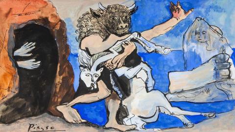 Artistic depiction of a figure with a bull's head and other figures in a stylized manner.