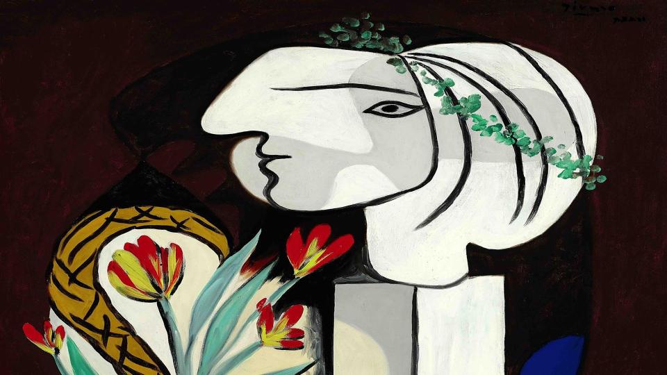 Artistic depiction of a woman with flowers, stylized in a modernist fashion.