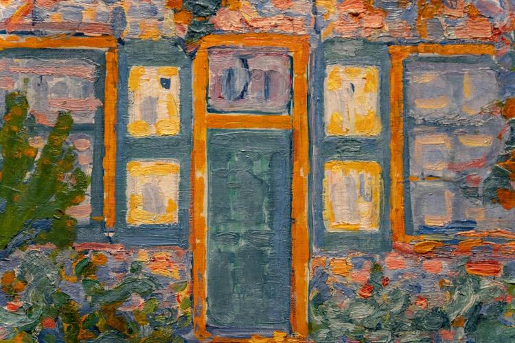 A painting featuring an abstract depiction of a house with geometric shapes in blue, orange, and other colors.