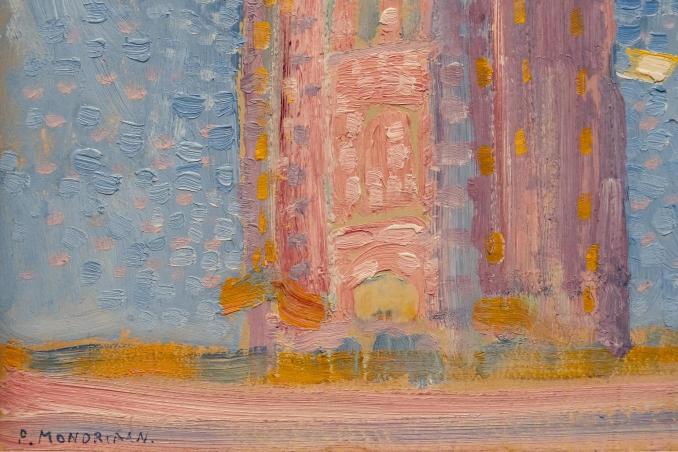 A detail of an abstract painting featuring geometric patterns in blue, orange, and other colors on a white background, signed by S. Mondrian.