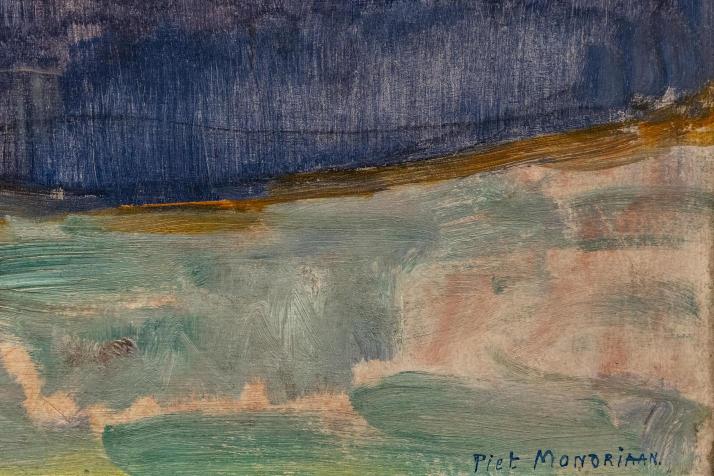 A detail of an abstract painting featuring geometric patterns with blue and orange colors on a green background, signed by Piet Mondrian.