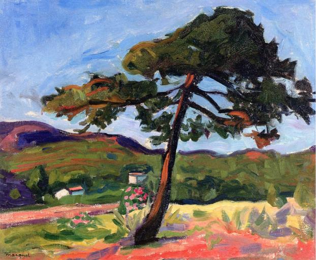A painting featuring a slanted pine tree with a vibrant blue sky in the background and a rural landscape in orange and green hues.