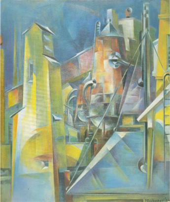 Cubist industrial scene with geometric shapes forming factory buildings. Vibrant yellows, blues, and reds create an abstract, dynamic urban landscape.