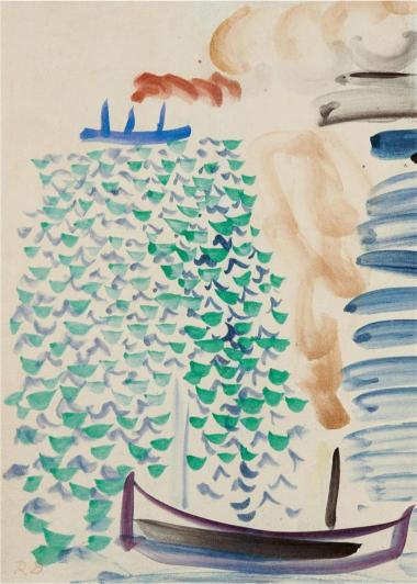 Artistic depiction of a figure by trees with boats in the water