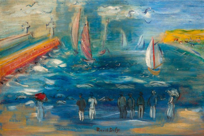 Painting of a harbor scene with sailboats and people by Raoul Dufy