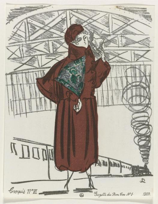 Artistic depiction of a person in a brown coat with a patterned scarf, standing against a stylized background.