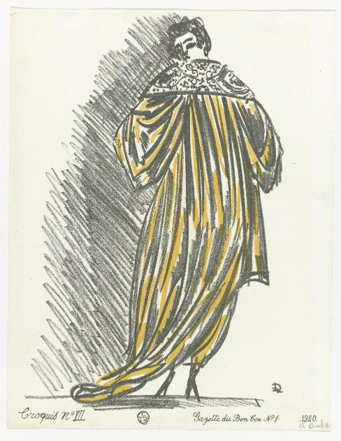 Artistic depiction of a person in a long, flowing garment with gold and black stripes on a white background.