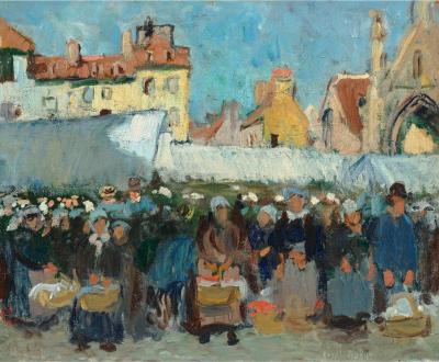 Painting of a market scene with people and buildings in the background