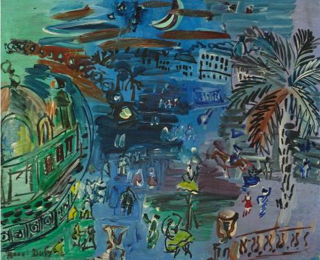 Colorful painting of a lively street scene with people, palm trees, and architectural elements.