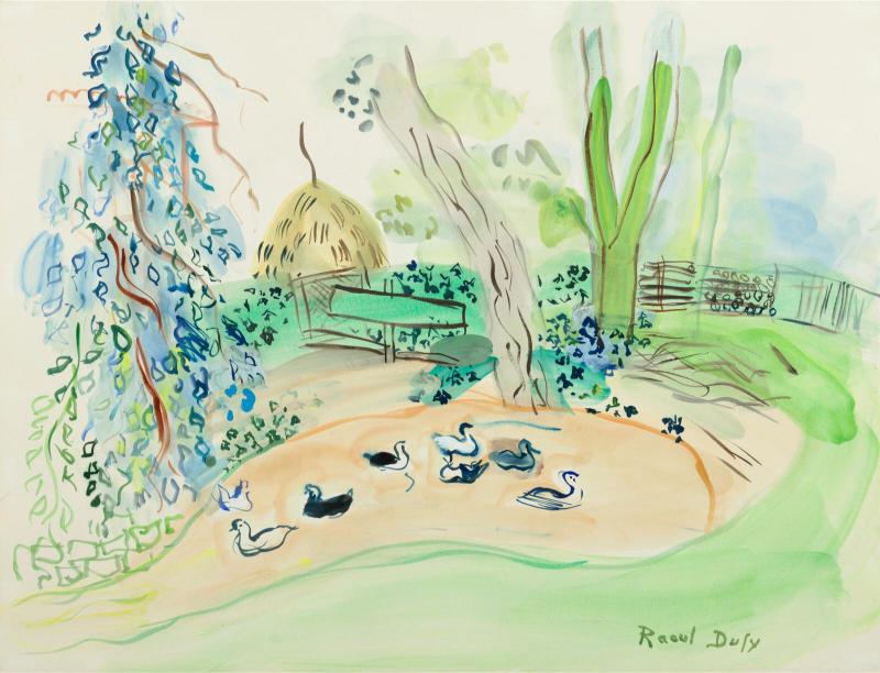 Colorful illustration of ducks by a pond with trees and a bridge in the background.