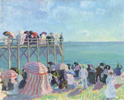 Painting of people on a pier by the sea with colorful umbrellas.