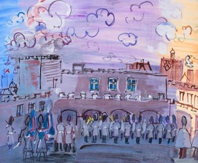 Colorful illustration of a city street with people in white coats and a purple sky.