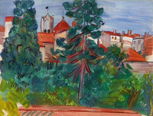 Painting of a village scene with green trees and red-roofed buildings.