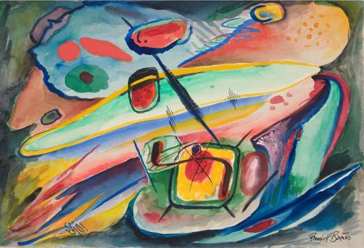 Abstract watercolor painting with vibrant, swirling colors and geometric shapes. Dominant hues include blue, green, red, and yellow, conveying a dynamic, chaotic energy.