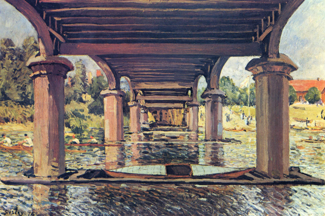A painting featuring the view under a bridge with column supports, reflecting on water surface, with a mostly blue sky and hints of green and orange.