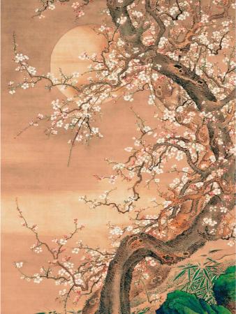 A traditional painting of a blossoming tree with delicate white flowers against a soft, glowing full moon. Green foliage is at the tree's base, evoking serenity.