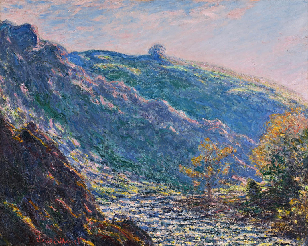 A painting titled 'Soleil sur la Petite Creuse' by Claude Monet, featuring a vibrant landscape with rolling hills, trees, and a body of water, with a predominantly blue color palette.