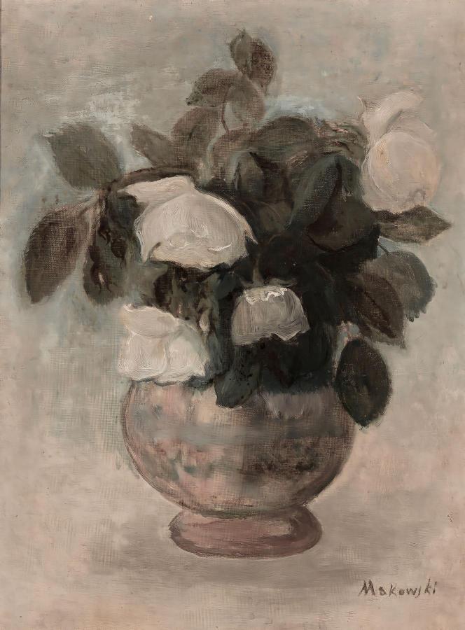A muted still-life painting shows white roses with lush green leaves in a textured, round vase. The soft brushstrokes evoke a calm, rustic feel.