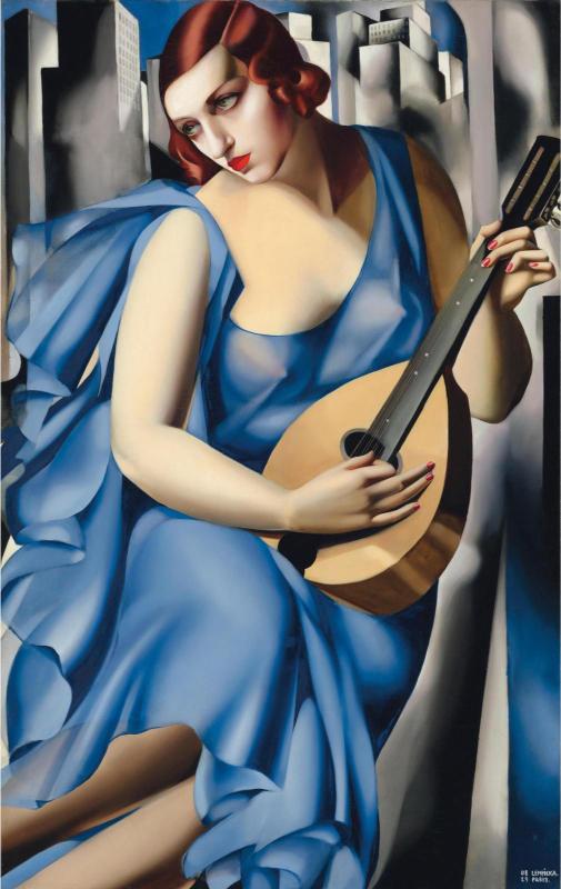 Art Deco painting of a woman in a flowing blue dress, holding a mandolin, set against a backdrop of skyscrapers. She appears contemplative.