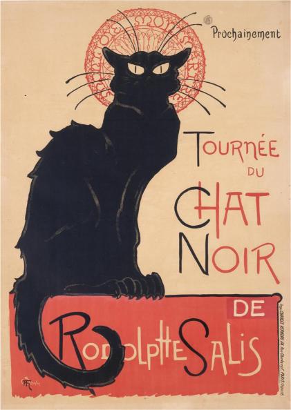 Stylized vintage poster of a black cat with piercing eyes, seated against a red and tan background. The text reads "Tournée du Chat Noir."