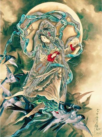 An ethereal figure in flowing robes stands surrounded by swirling ribbons and birds, set against a luminous full moon. The scene conveys a serene, mystical aura.