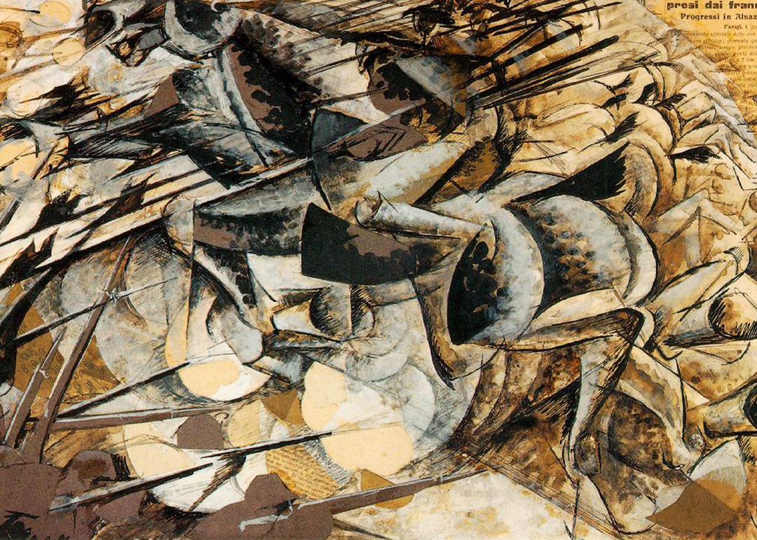 This image features a section of Umberto Boccioni's abstract artwork titled "Charge of the Lancers." The artwork depicts a dense, dynamic composition of contorted figures and horses in motion, rendered in a mix of earthy and vibrant colors.