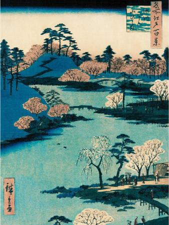 Vintage Japanese woodblock print depicting a serene landscape with a blue river, blossoming trees, distant hills, and scattered figures, exuding tranquility.