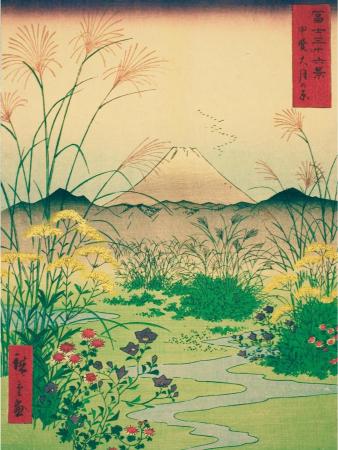 Traditional Japanese woodblock print of a landscape with Mount Fuji, flowers, and grasses.