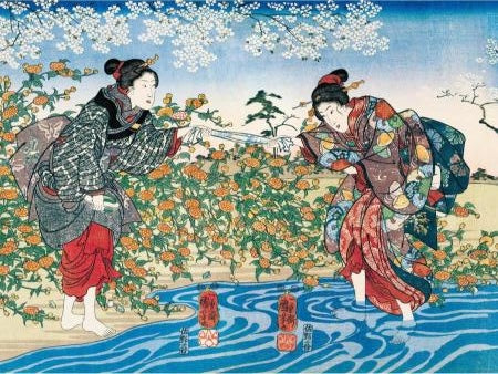 Two women in colorful kimonos stand by a river, surrounded by blooming flowers and trees, exchanging a scroll. The scene is vibrant and serene.