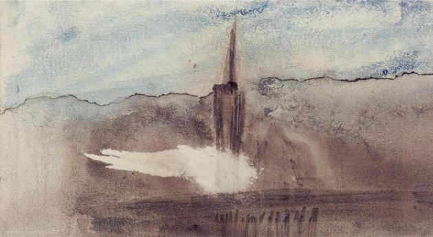 Watercolor painting of a cityscape with a prominent building and clouds.