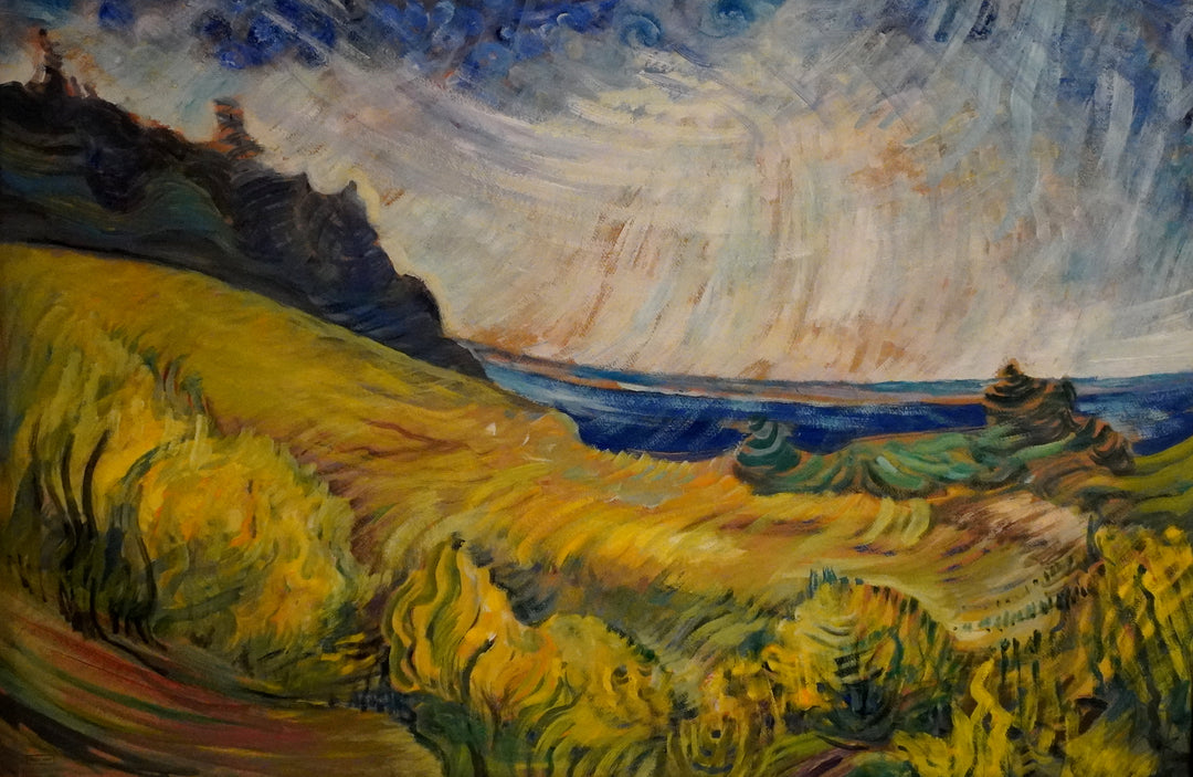 A vibrant abstract painting featuring various colors including blue and orange, depicting a landscape with hills and a sky.