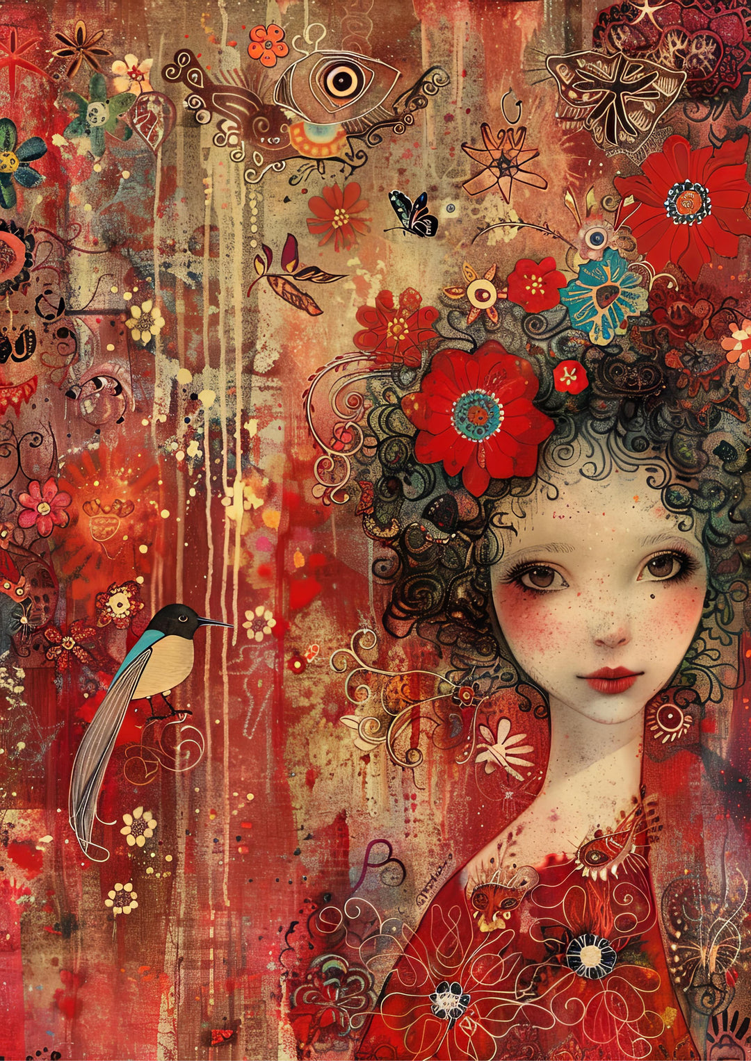 Artistic depiction of a woman with intricate hair and floral designs on a red background