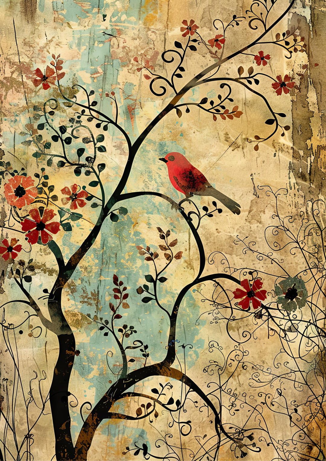 Artistic depiction of a bird on a branch with flowers against a textured background