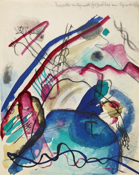 Abstract painting with vibrant swirls of blue, red, and black lines. Dynamic shapes and colors suggest movement and energy, creating an expressive tone.