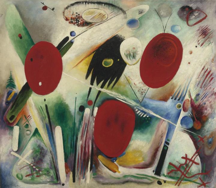 Abstract painting by Wassily Kandinsky featuring large red ovals, intersecting lines, and colorful geometric shapes on a textured background. Dynamic and chaotic.