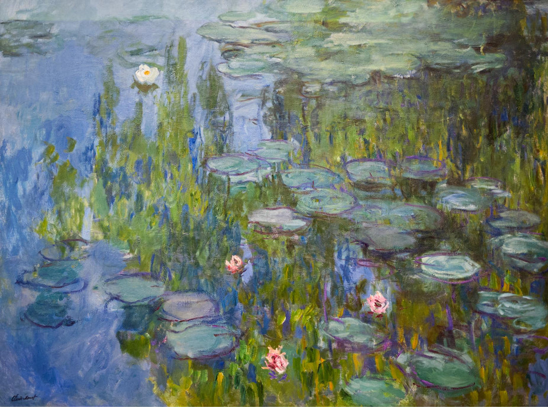 A painting featuring water lilies with green leaves and pink flowers on a reflective water surface, under a blue sky with clouds.