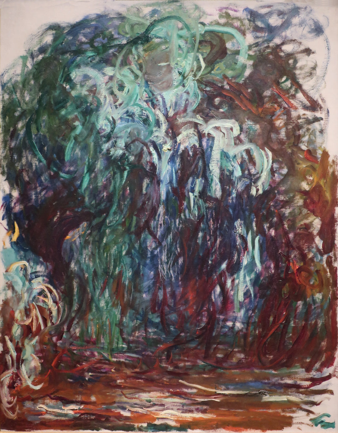 A painting featuring a weeping willow by Claude Monet, with abstract and impressionistic styles, predominantly in blue tones.