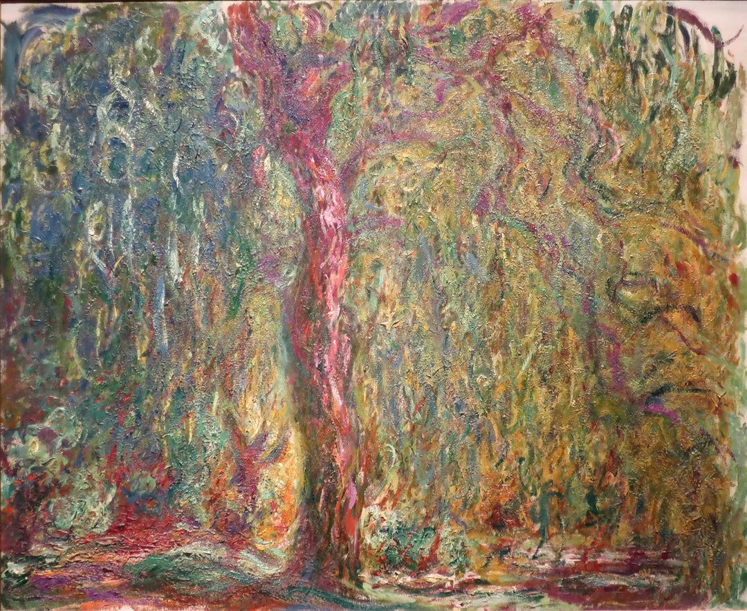 A painting featuring a weeping willow tree with a colorful, impressionistic style by Claude Monet.