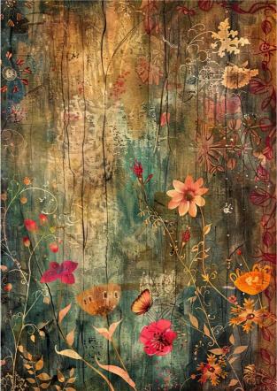 Artistic depiction of flowers and butterflies on a textured background