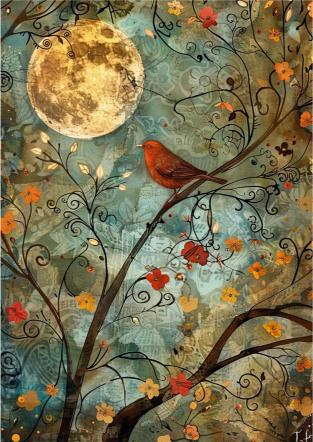 Artistic depiction of a bird on a branch with flowers and a moon in the background