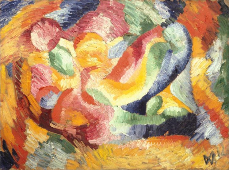 Abstract painting with vibrant swirling colors, including red, yellow, blue, and green. The brushstrokes create dynamic, motion-filled patterns.