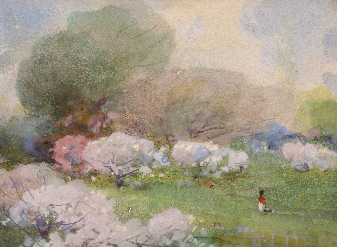 A painting featuring a garden with cherry blossoms in bloom, with a style that captures the essence of modern abstract art.