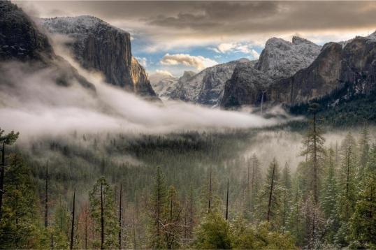 A landscape photograph featuring the mountains and valleys of Yosemite National Park with trees in the foreground and misty clouds in the background.